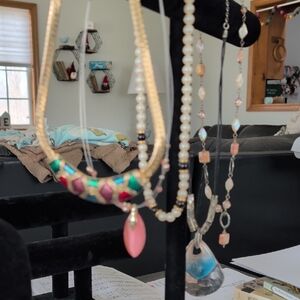 Multi-Color Beaded Pendant Necklace with Pink Teardrop Accent